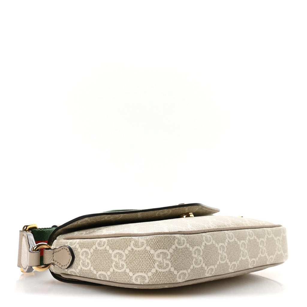 Gucci GG Supreme Monogram Textured Dollar Calfskin Web Mini Ophidia Envelope Shoulder Bag Beige Mystic White Oatmeal