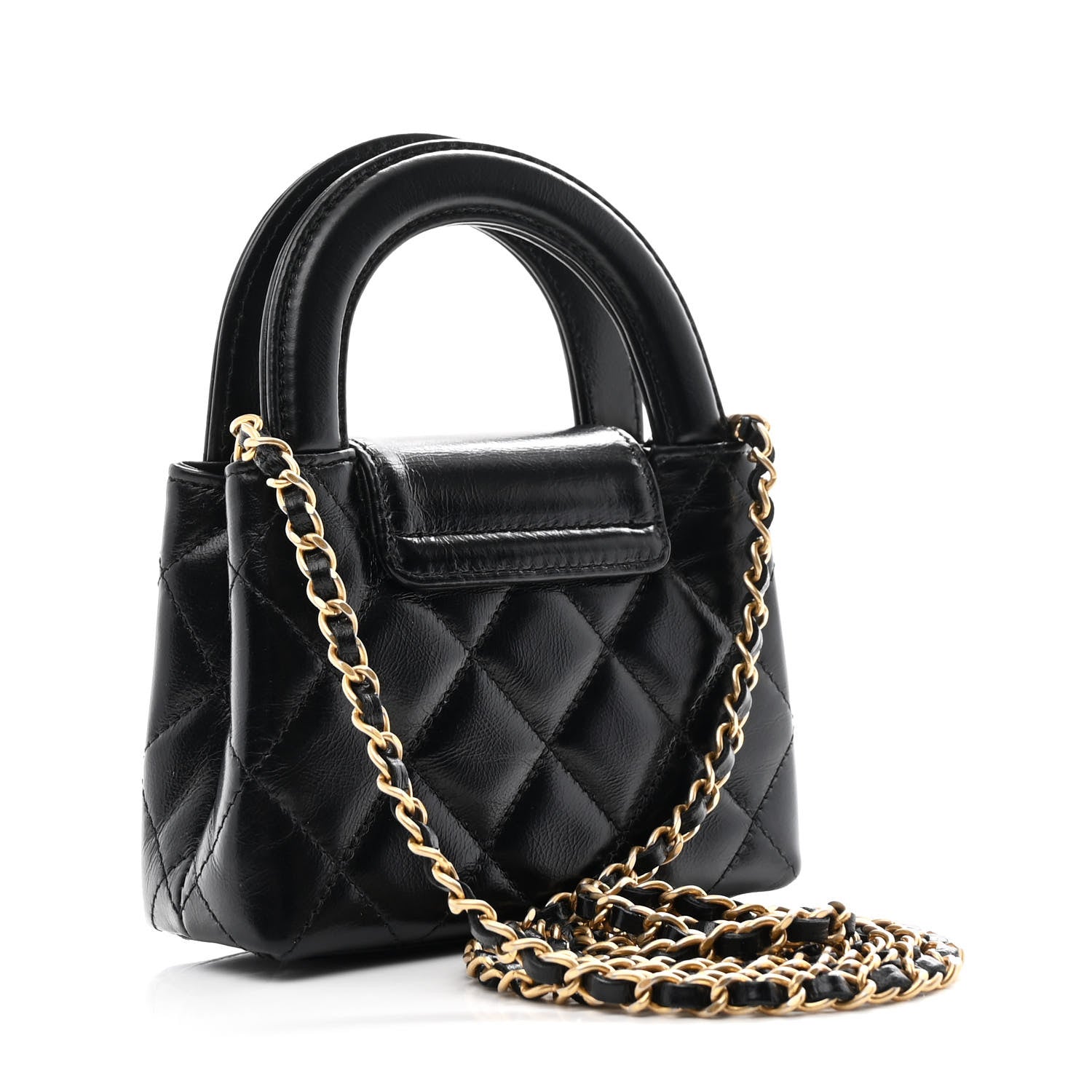 Chanel Shiny Aged Calfskin Quilted Mini Nano Kelly Shopper Black