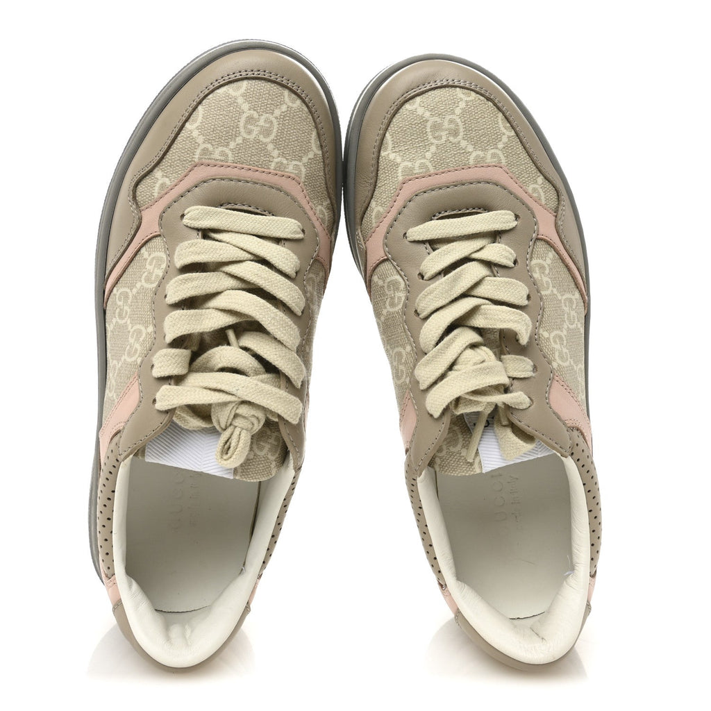 Gucci Calfskin GG Supreme Monogram Perforated Womens Platform 55mm Sneakers 37 Apricot Pink Beige Grey
