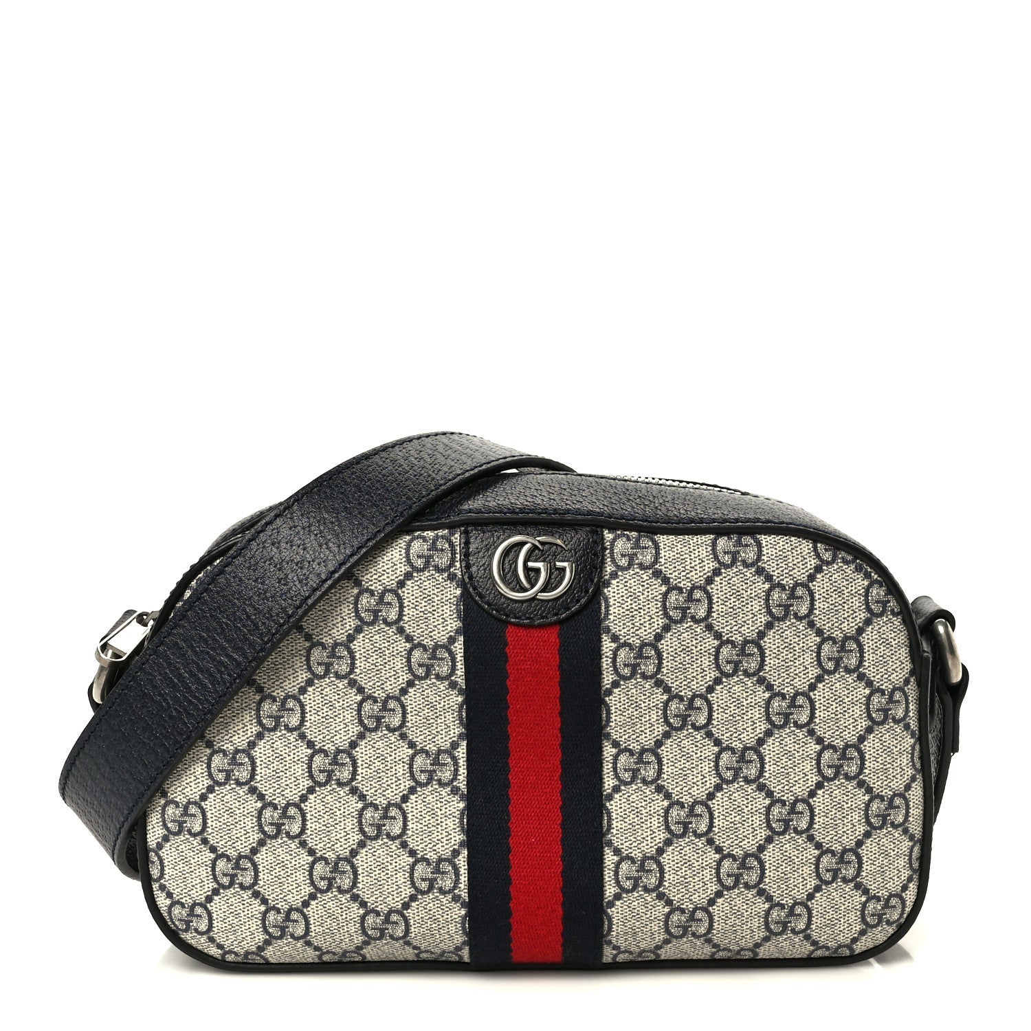 Gucci GG Supreme Monogram Textured Dollar Calfskin Web Small Ophidia Camera Bag Beige Blue