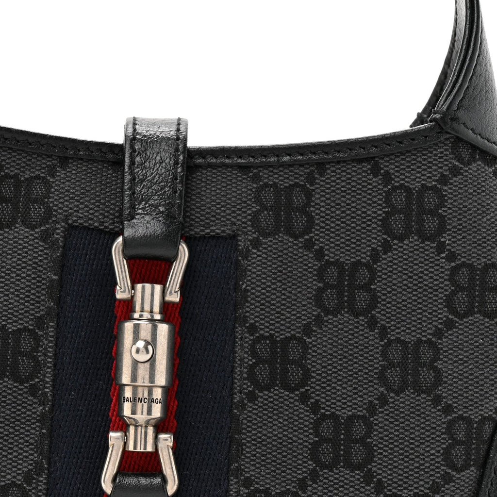 Gucci X BALENCIAGA BB Monogram Calfskin Web Mini Jackie 1961 Hobo Black