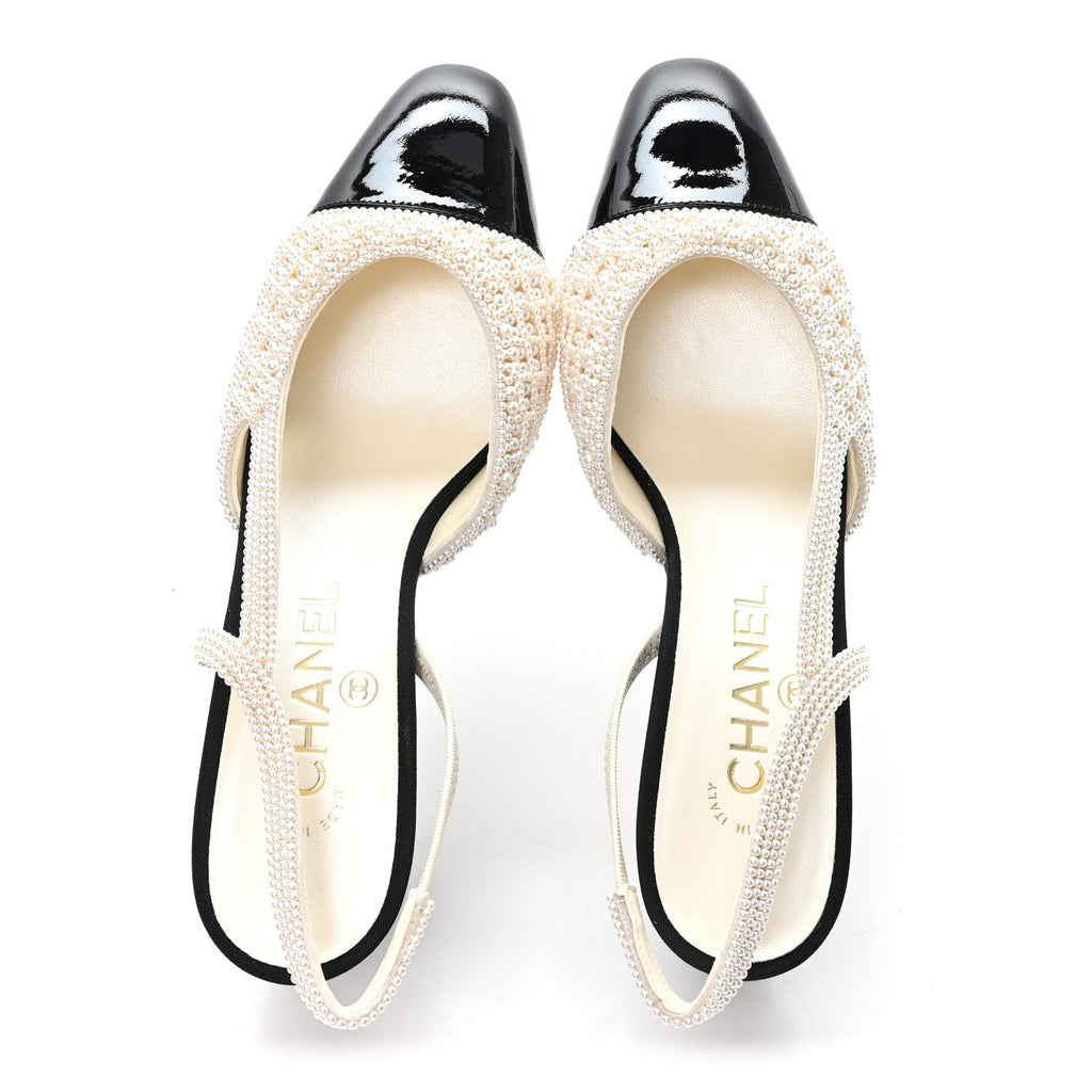 Pearl Patent Cap Toe CC Slingback Pumps 37 Ivory Black