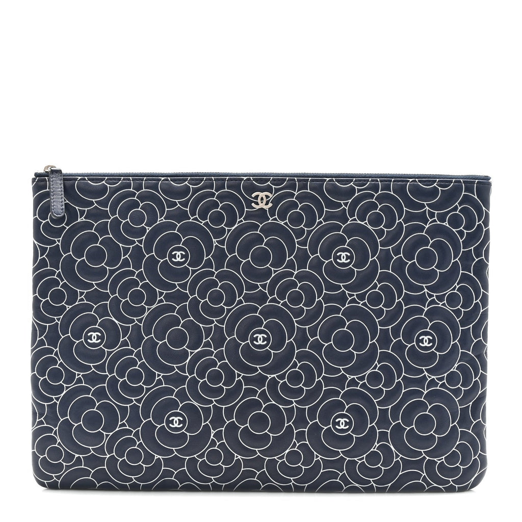 Lambskin Camellia Embossed Large Cosmetic Case Navy Silver