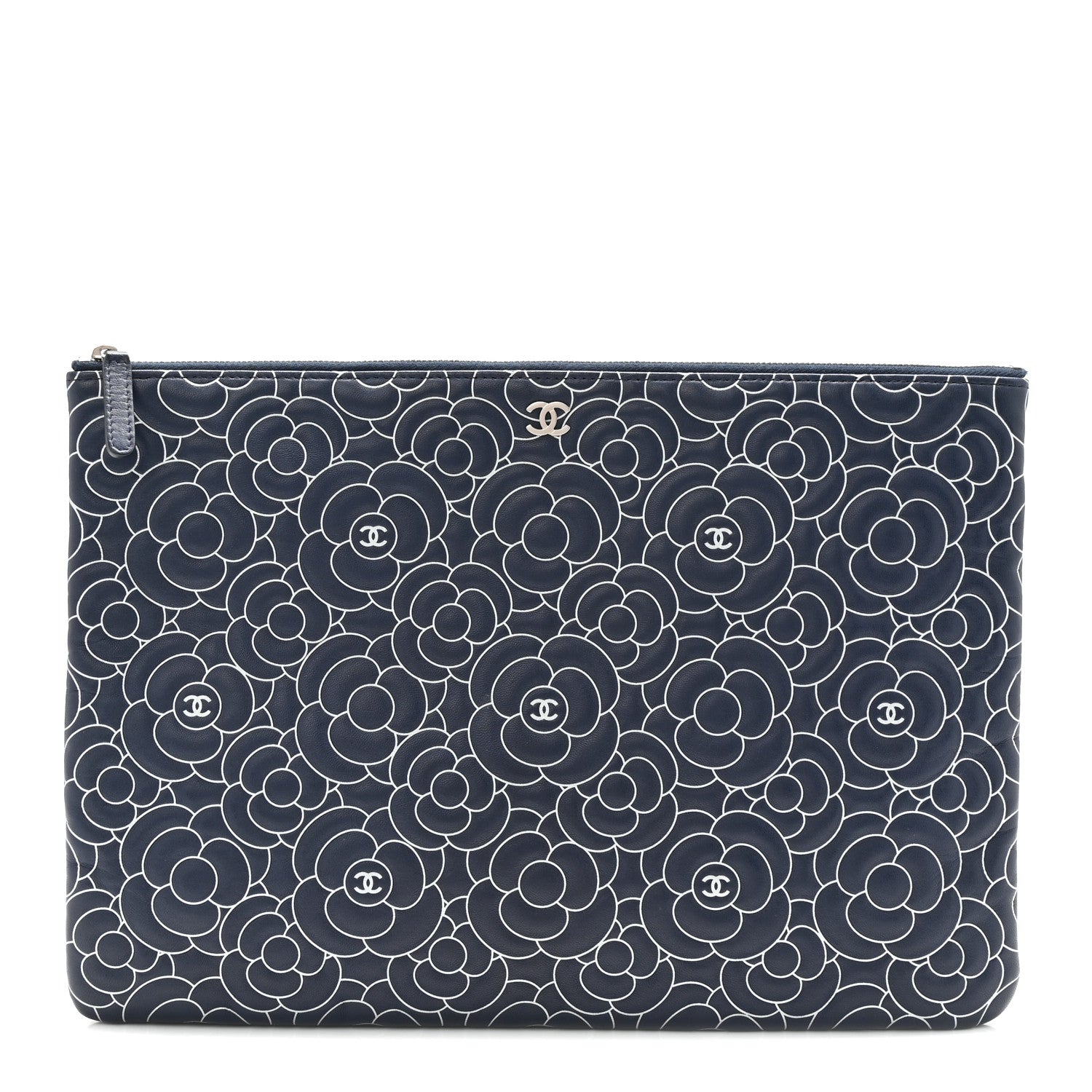 Lambskin Camellia Embossed Large Cosmetic Case Navy Silver