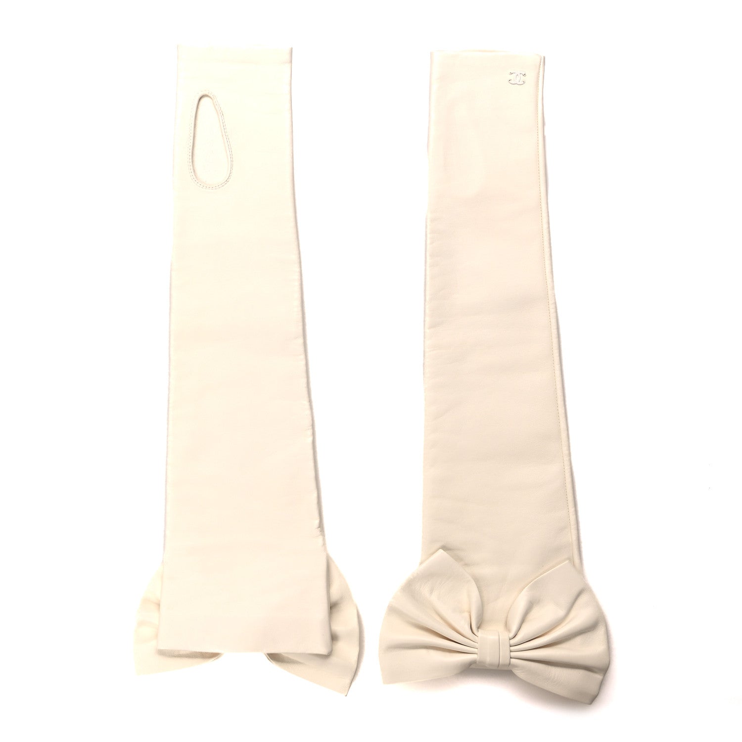 Lambskin Fingerless CC Bow Long Gloves Ivory