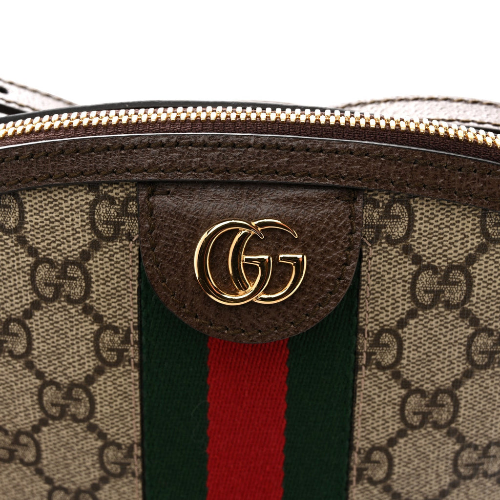 Gucci GG Supreme Monogram Textured Dollar Calfskin Web Small Ophidia Dome Shoulder Bag Beige Ebony New Acero