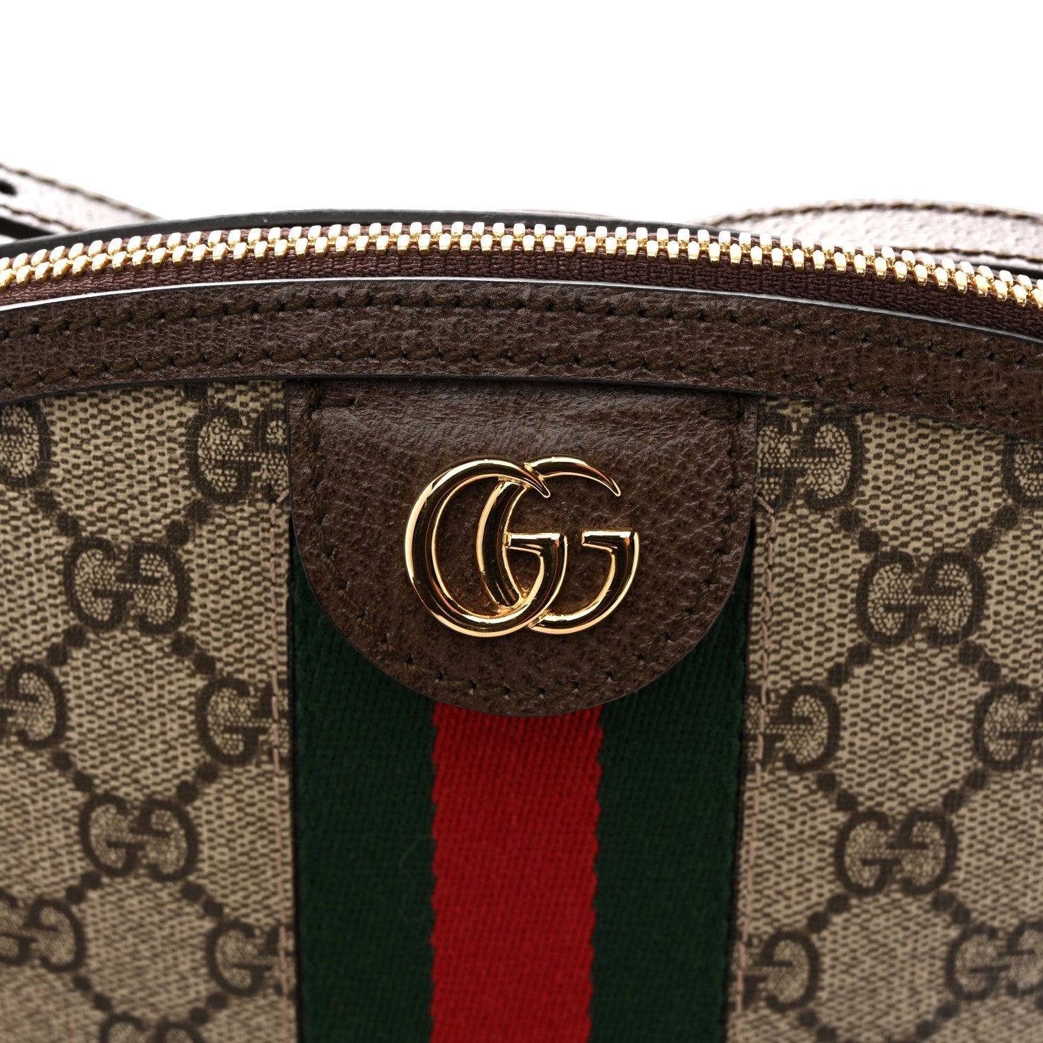 Gucci GG Supreme Monogram Textured Dollar Calfskin Web Small Ophidia Dome Shoulder Bag Beige Ebony New Acero