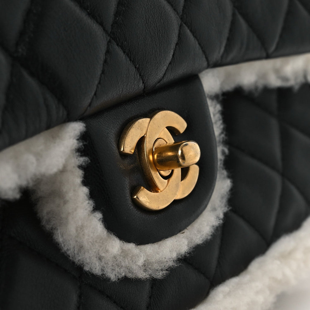 Chanel Lambskin Shearling Large CC Flap Bag Black White