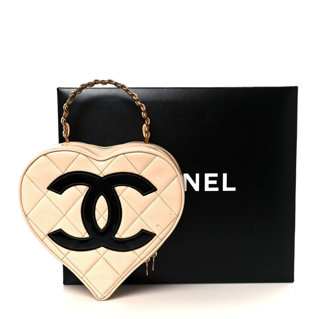 Chanel Patent Quilted CC Barbie Heart Vanity Case Beige