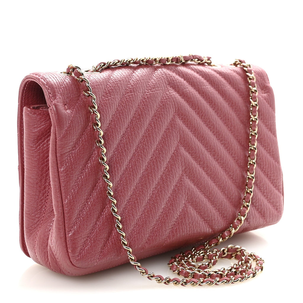 Chanel Metallic Calfskin Chevron Quilted Small Statement Flap Pink