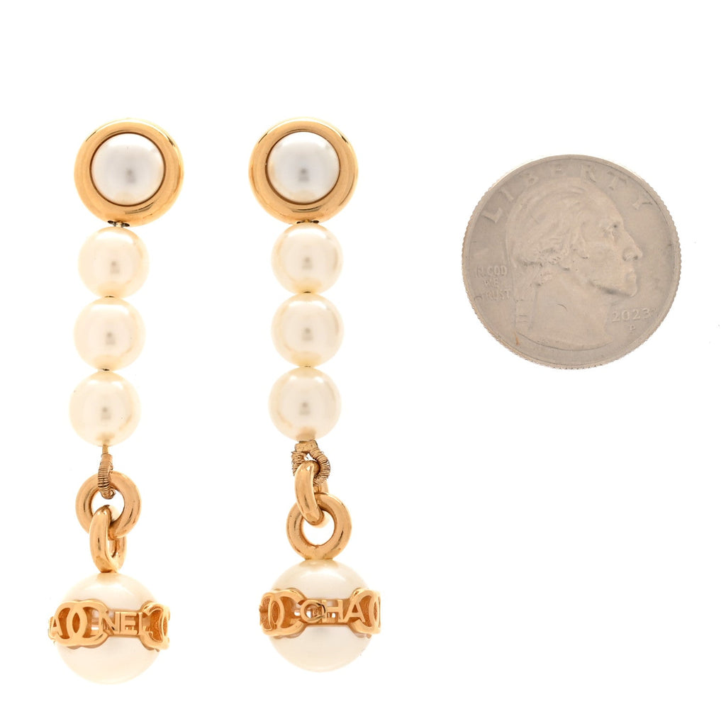 Metal Pearl CC Logo Drop Earrings White Gold