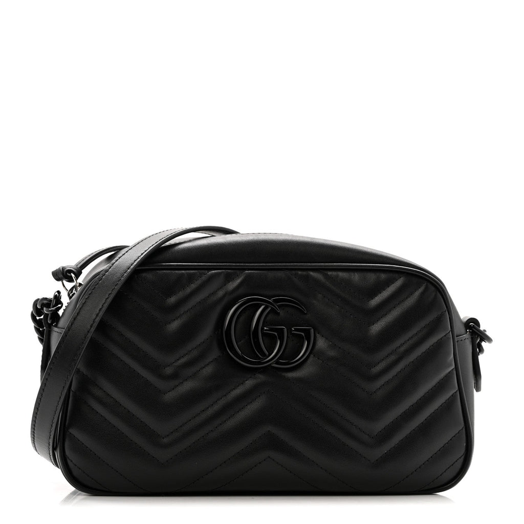 Gucci Calfskin Matelasse Monochrome Small GG Marmont Chain Shoulder Bag Black