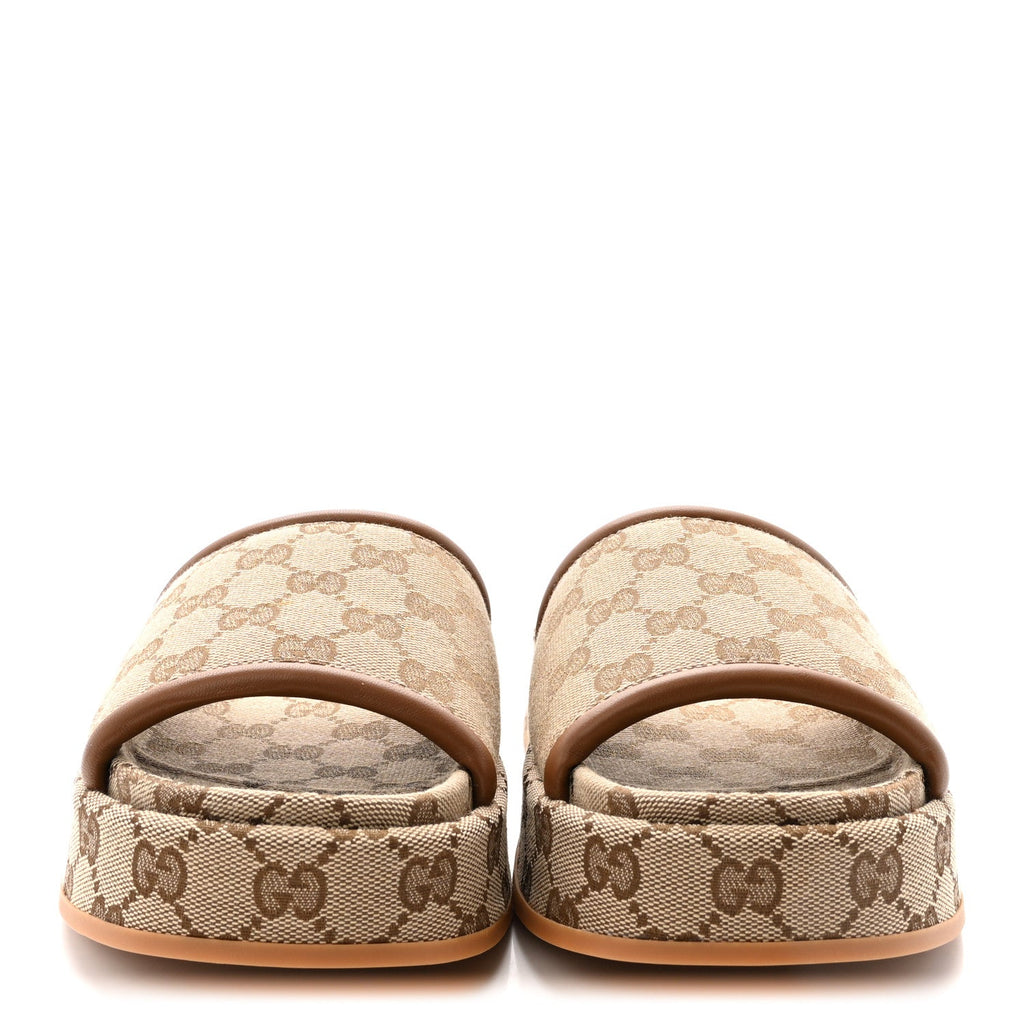 Gucci Original GG Canvas Monogram Womens GG Platform Sandals 37 Beige Dark Brown