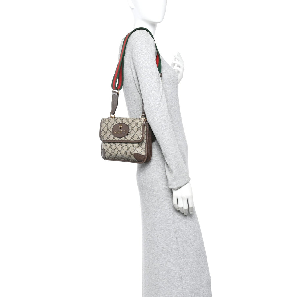 Gucci GG Supreme Monogram Web Small Neo Vintage Double Flap Messenger Bag Beige New Acero