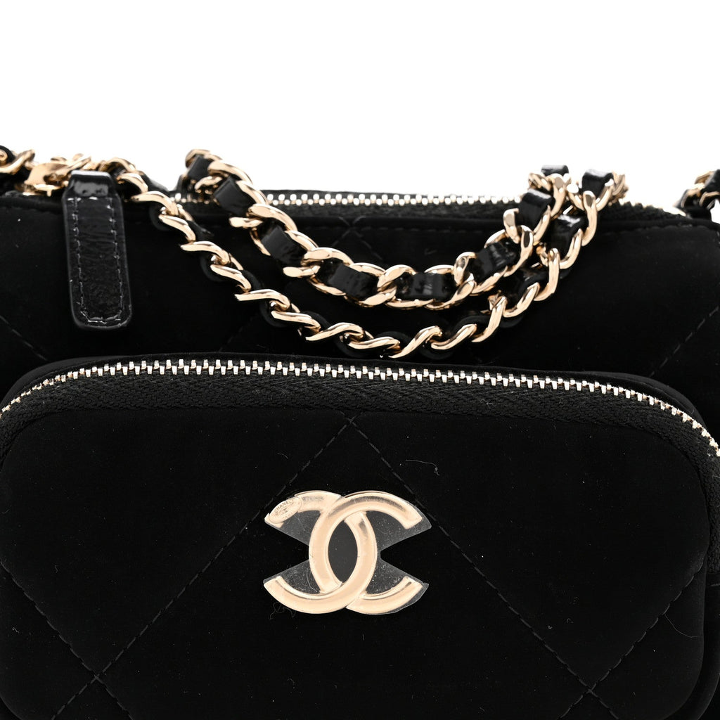 Chanel Velvet Effect Nylon Shiny Crumpled Calfskin Mini Quilted Chanel 25 Clutch With Chain Black