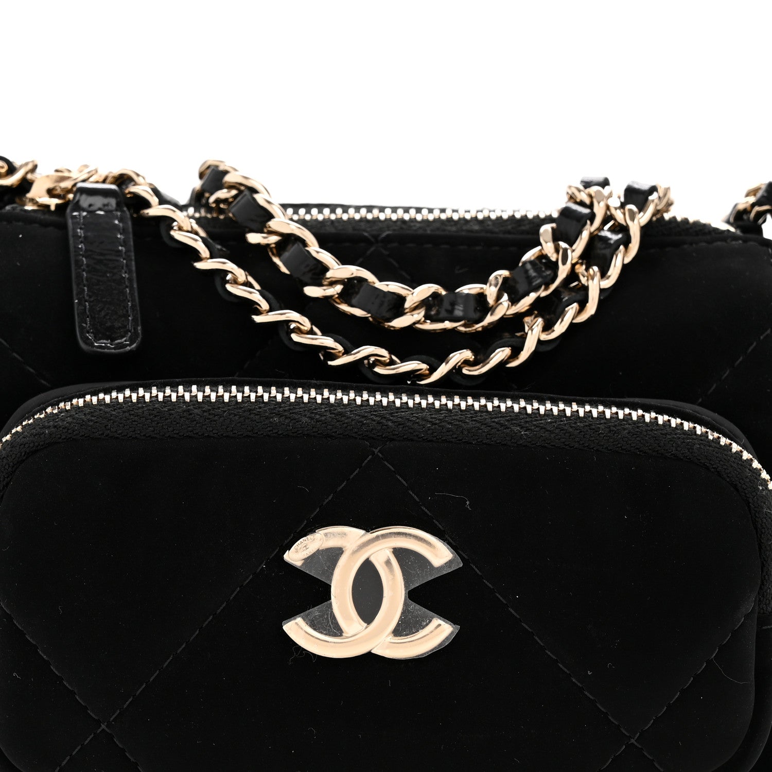 Chanel Velvet Effect Nylon Shiny Crumpled Calfskin Mini Quilted Chanel 25 Clutch With Chain Black