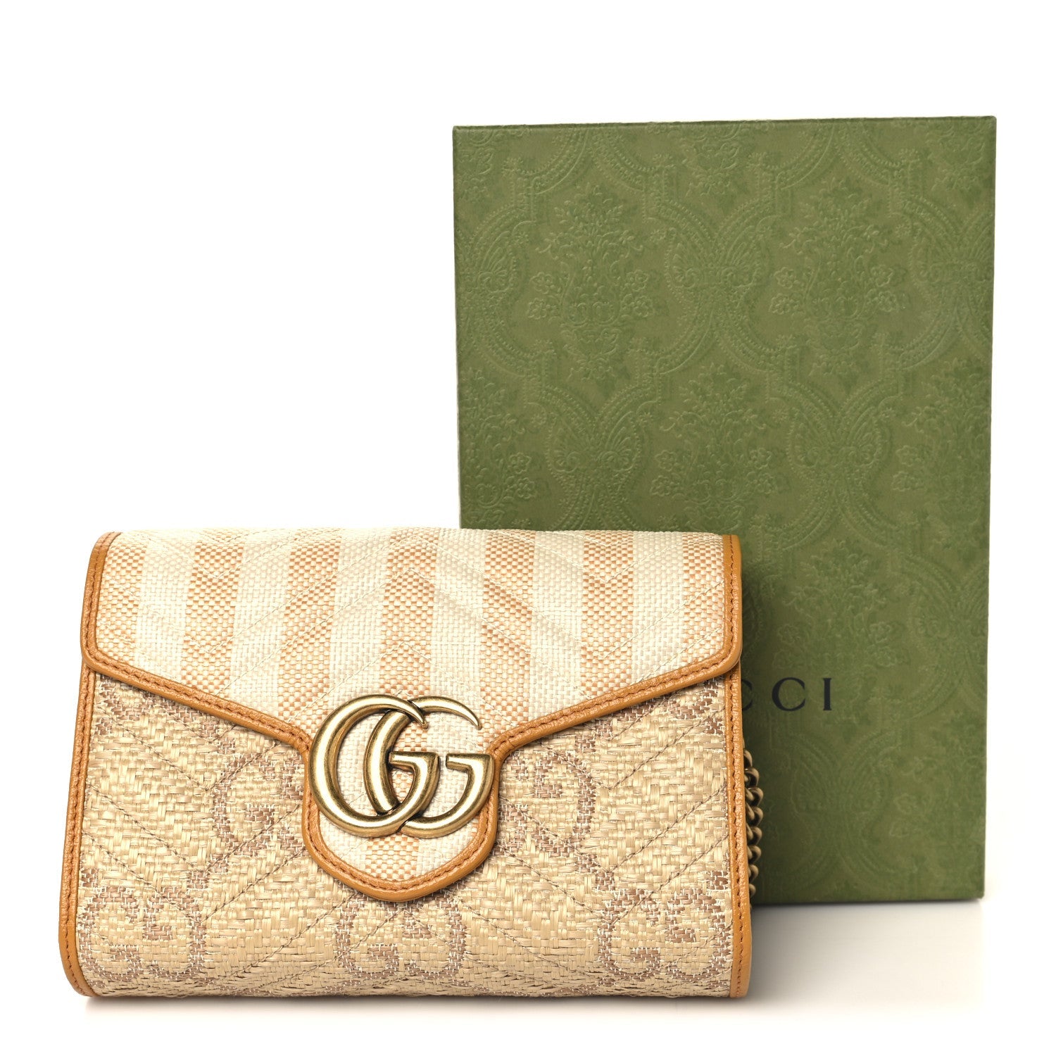 Gucci Raffia GG Monogram Matelasse GG Marmont Chain Wallet Natural Beige Off White Sun Oil