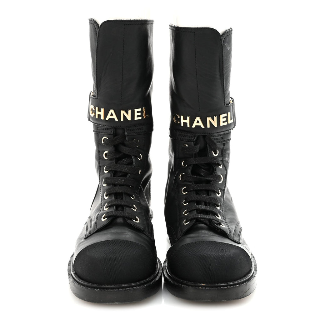 Chanel Shiny Calfskin Lace Up Combat Boots 37 Black