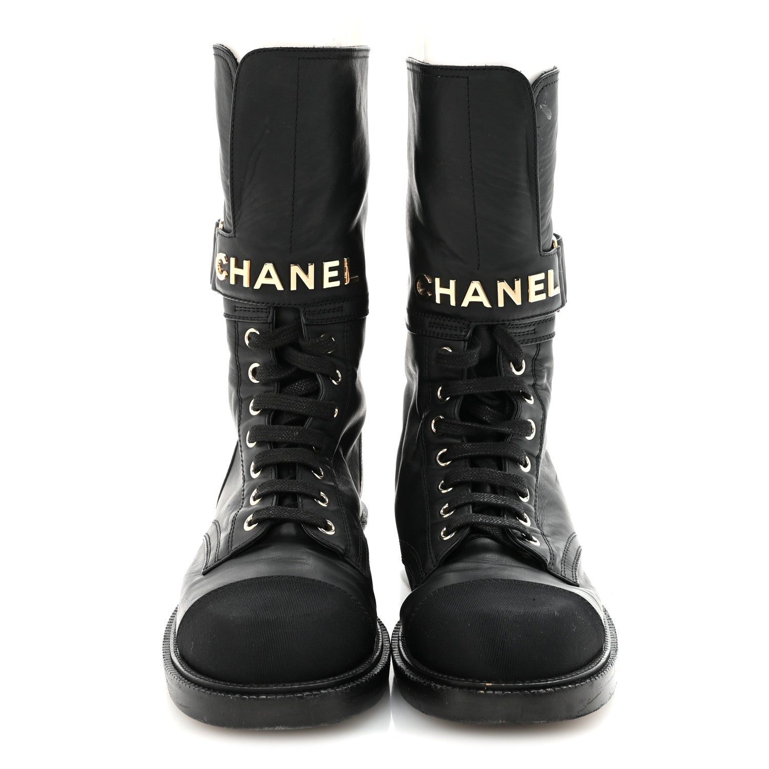 Chanel Shiny Calfskin Lace Up Combat Boots 37 Black