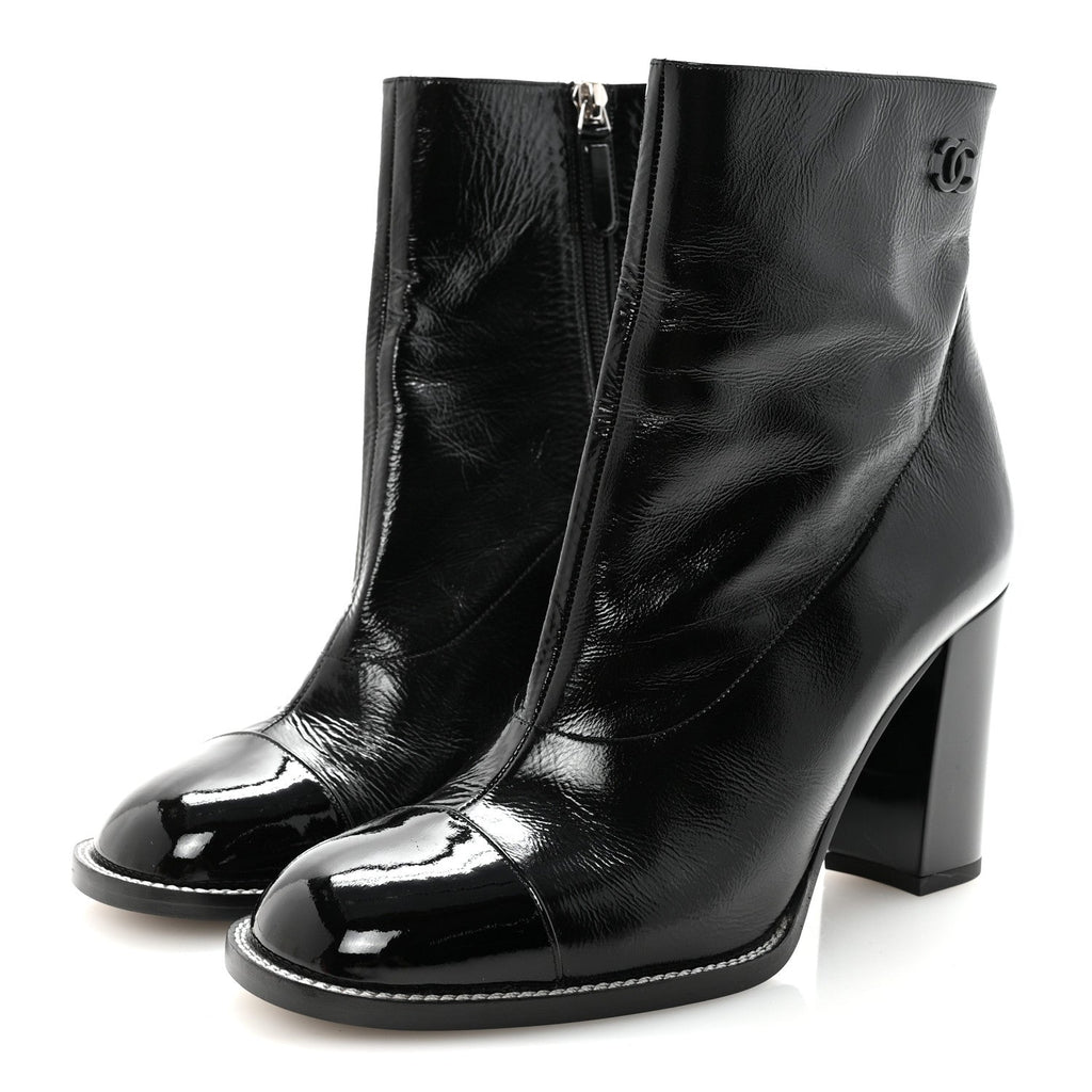 Chanel Shiny Calfskin Patent Cap Toe CC Short Boots 38.5 Black