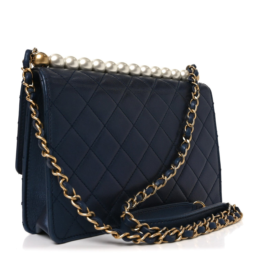Chanel Iridescent Lambskin Quilted Small Chic Pearls Flap Blue