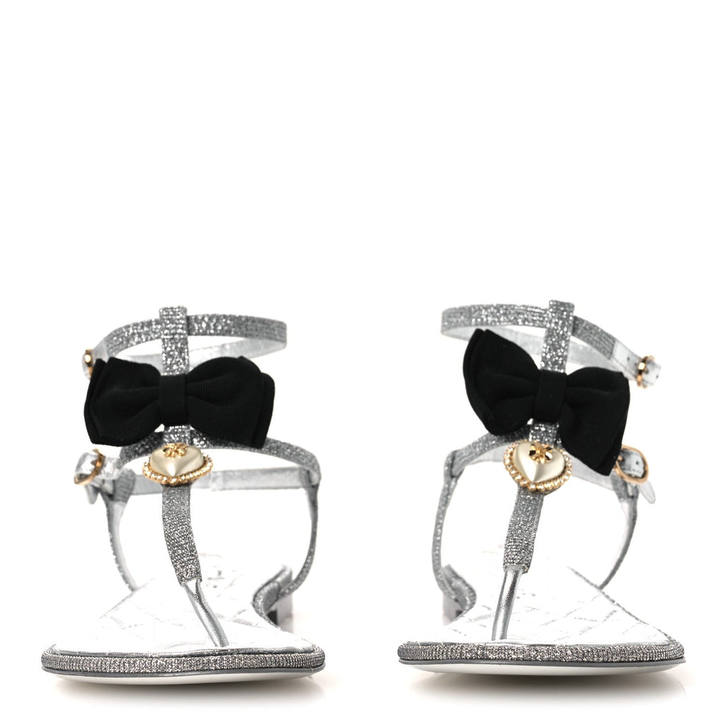 Fabric Grosgrain Pearl Crystal Thong Sandals 40 Silver Black