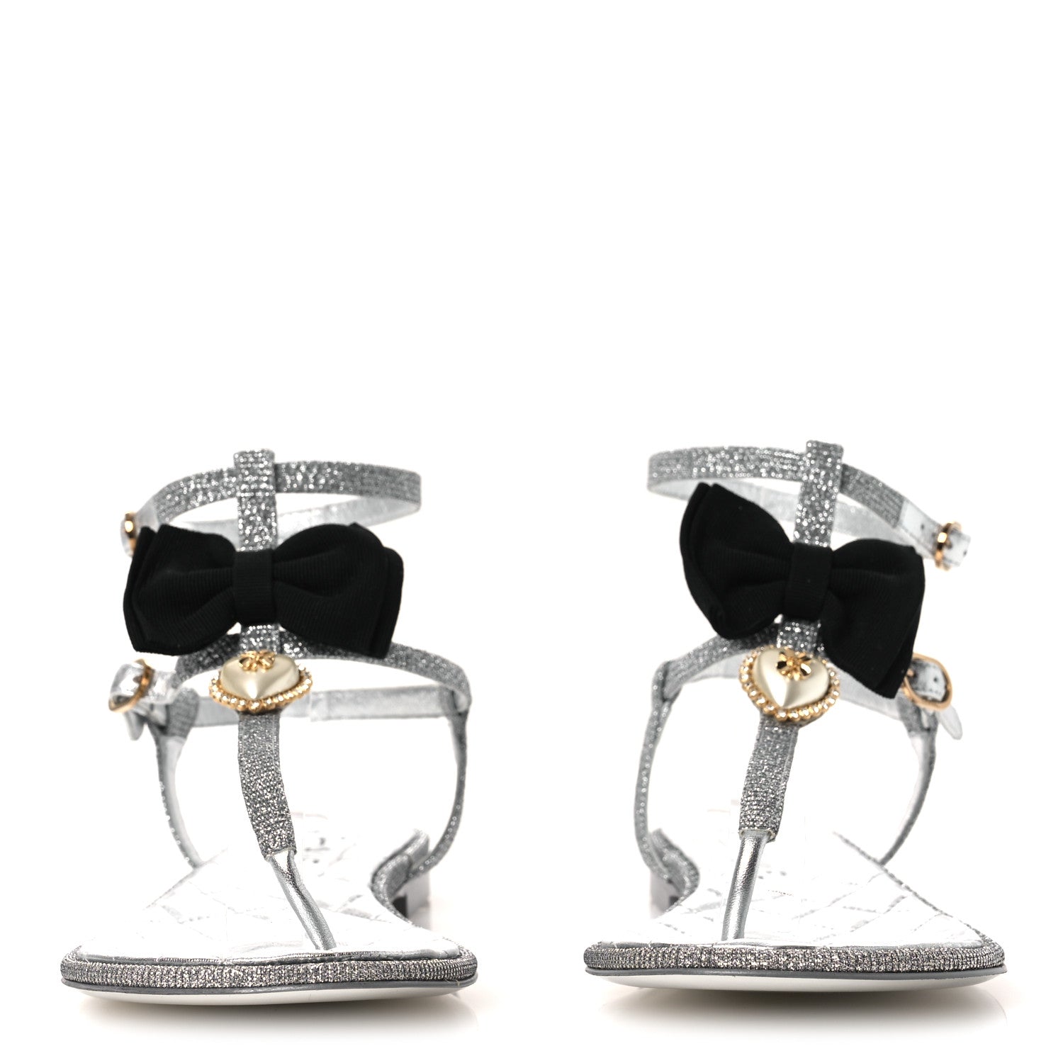 Fabric Grosgrain Pearl Crystal Thong Sandals 40 Silver Black
