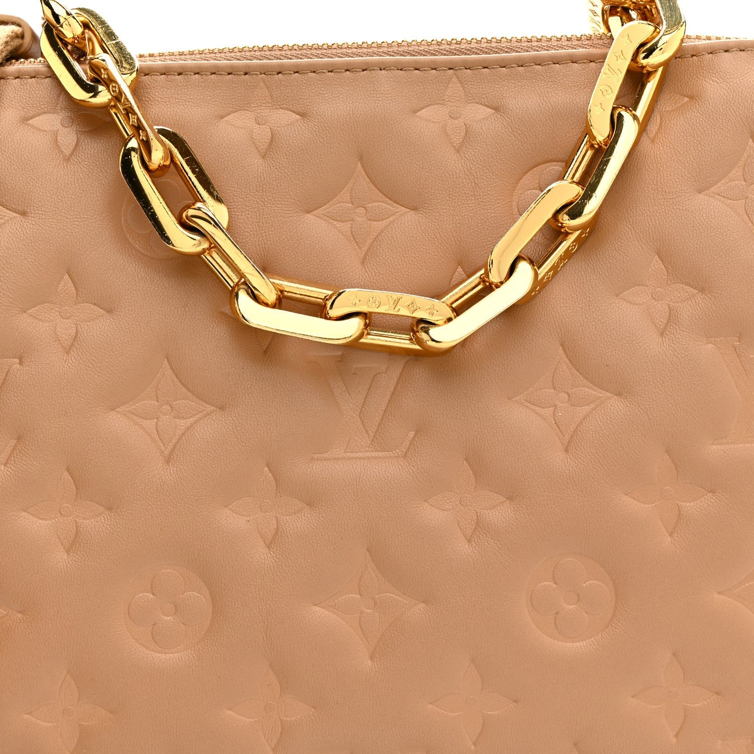 Louis Vuitton Lambskin Embossed Monogram Coussin PM Camel
