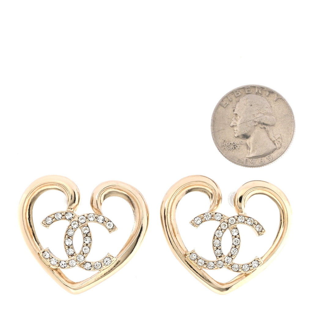 Metal Crystal CC Logo Heart Earrings Gold