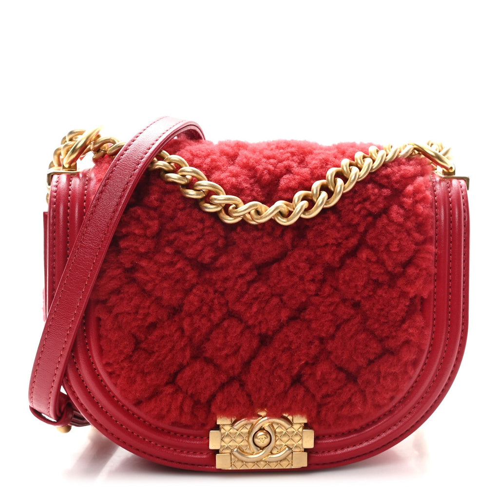 Chanel Calfskin Shearling Quilted Small Boy Messenger Bag Red