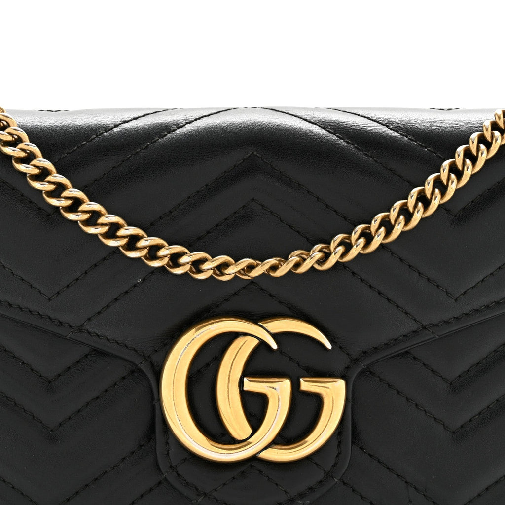 Gucci Calfskin Matelasse GG Marmont Chain Wallet Black