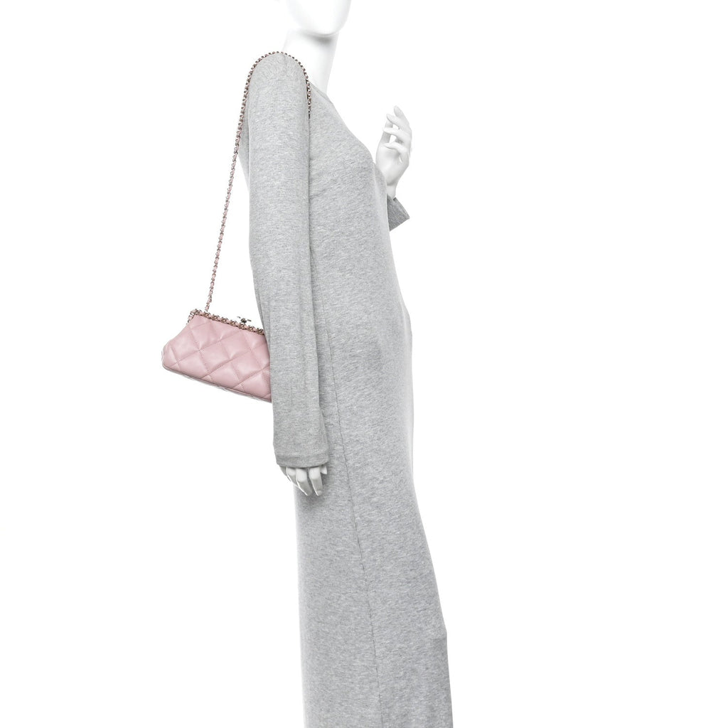 Chanel Lambskin Quilted Chain Frame Clutch Pink