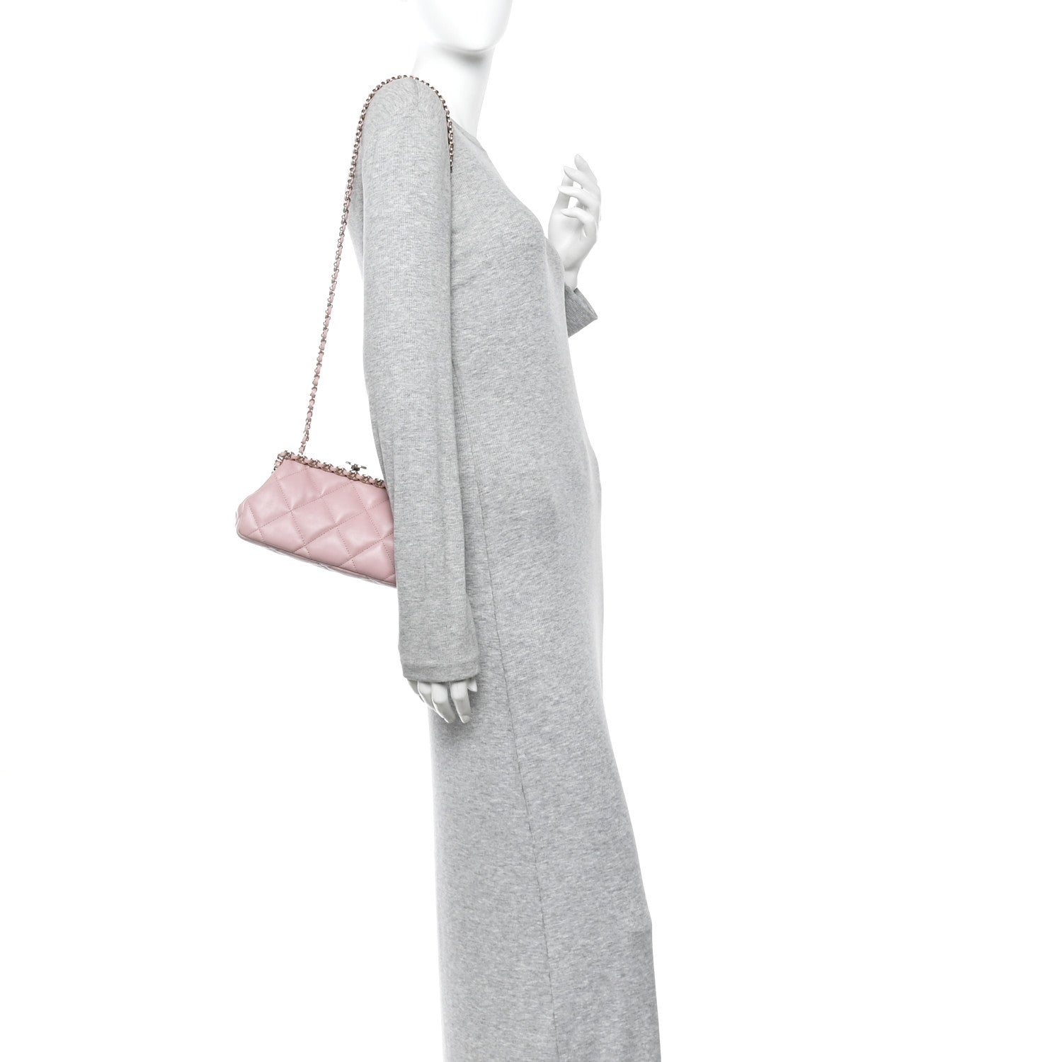 Chanel Lambskin Quilted Chain Frame Clutch Pink