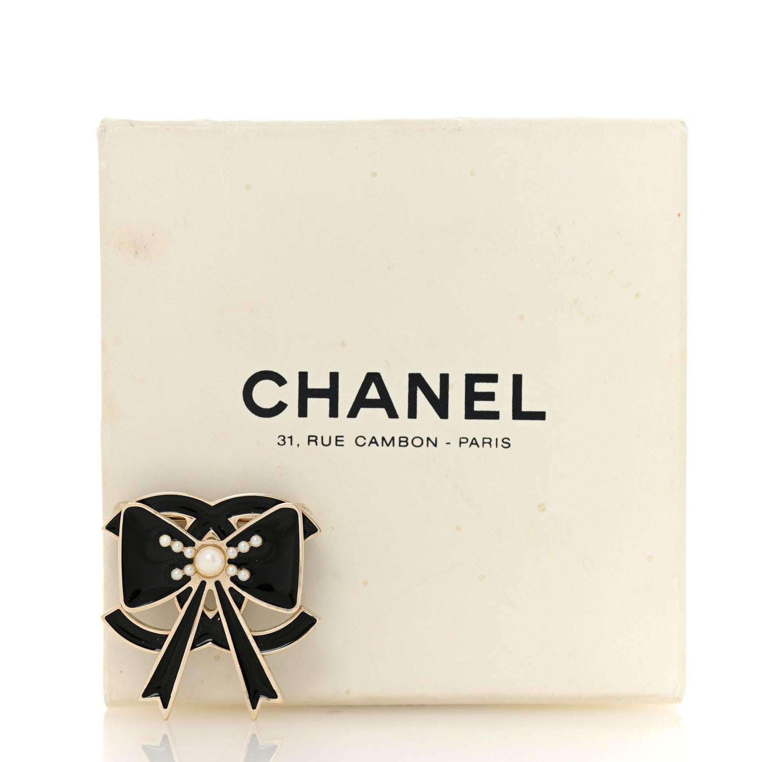Metal Enamel Pearl CC Bow Brooch Black Gold