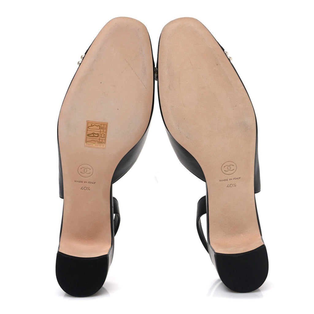 Lambskin Grosgrain Pearl Cap Toe CC Slingback Pumps 40.5 Black