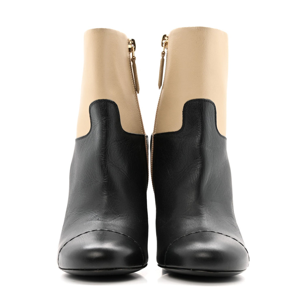 Chanel Tumbled Calfskin CC Short Boots 36 Beige Black