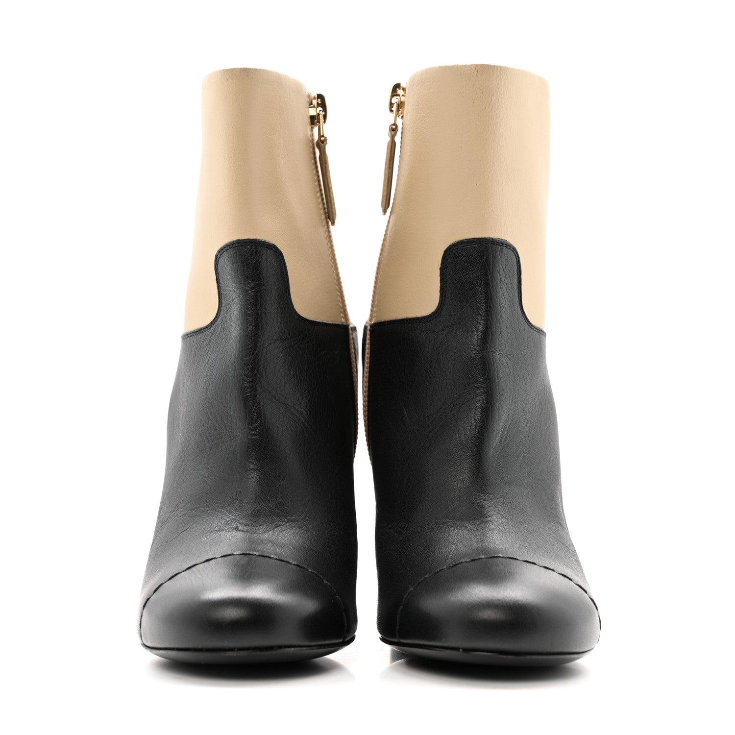 Chanel Tumbled Calfskin CC Short Boots 36 Beige Black