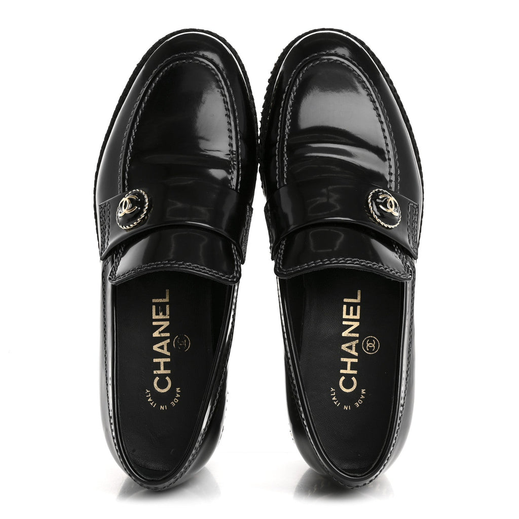 Chanel Shiny Calfskin Platform Loafers 37 Black