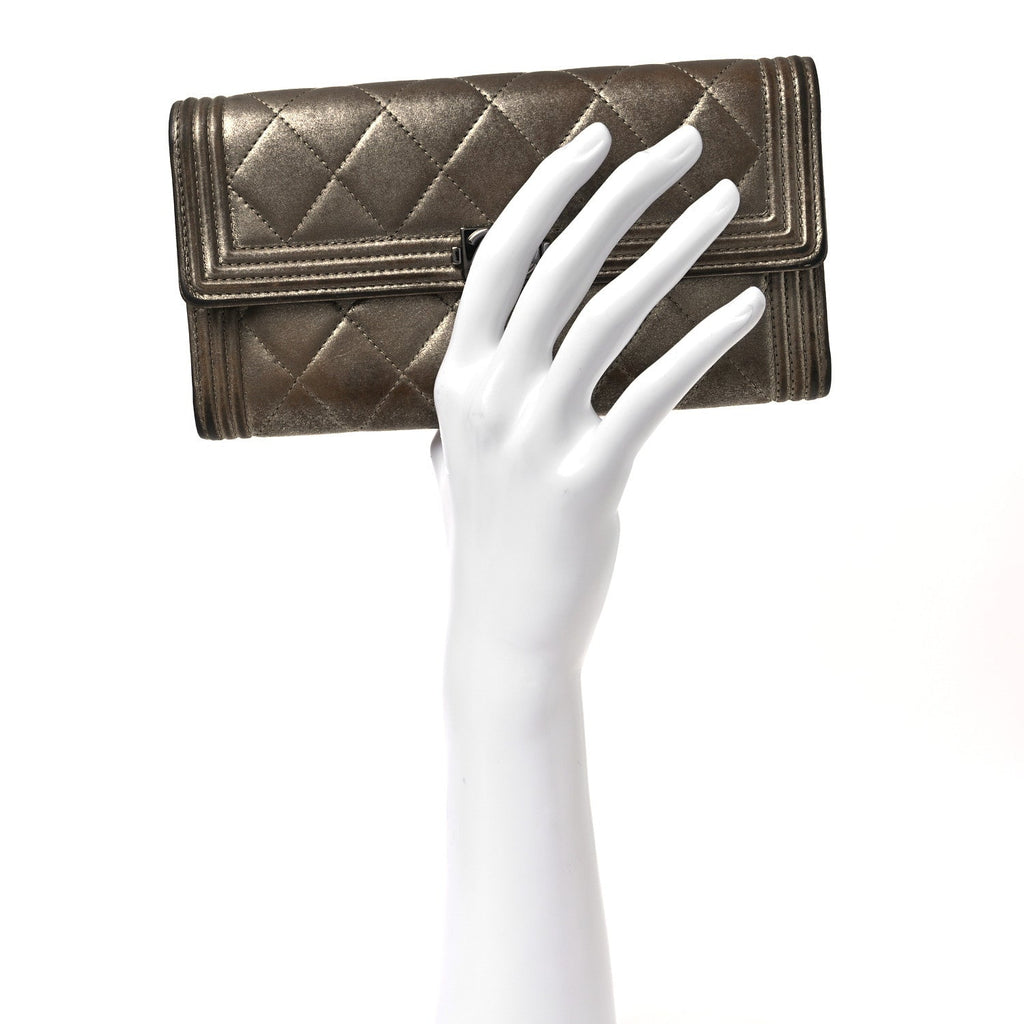 Iridescent Calfskin Quilted Boy Flap Wallet Dark Gold