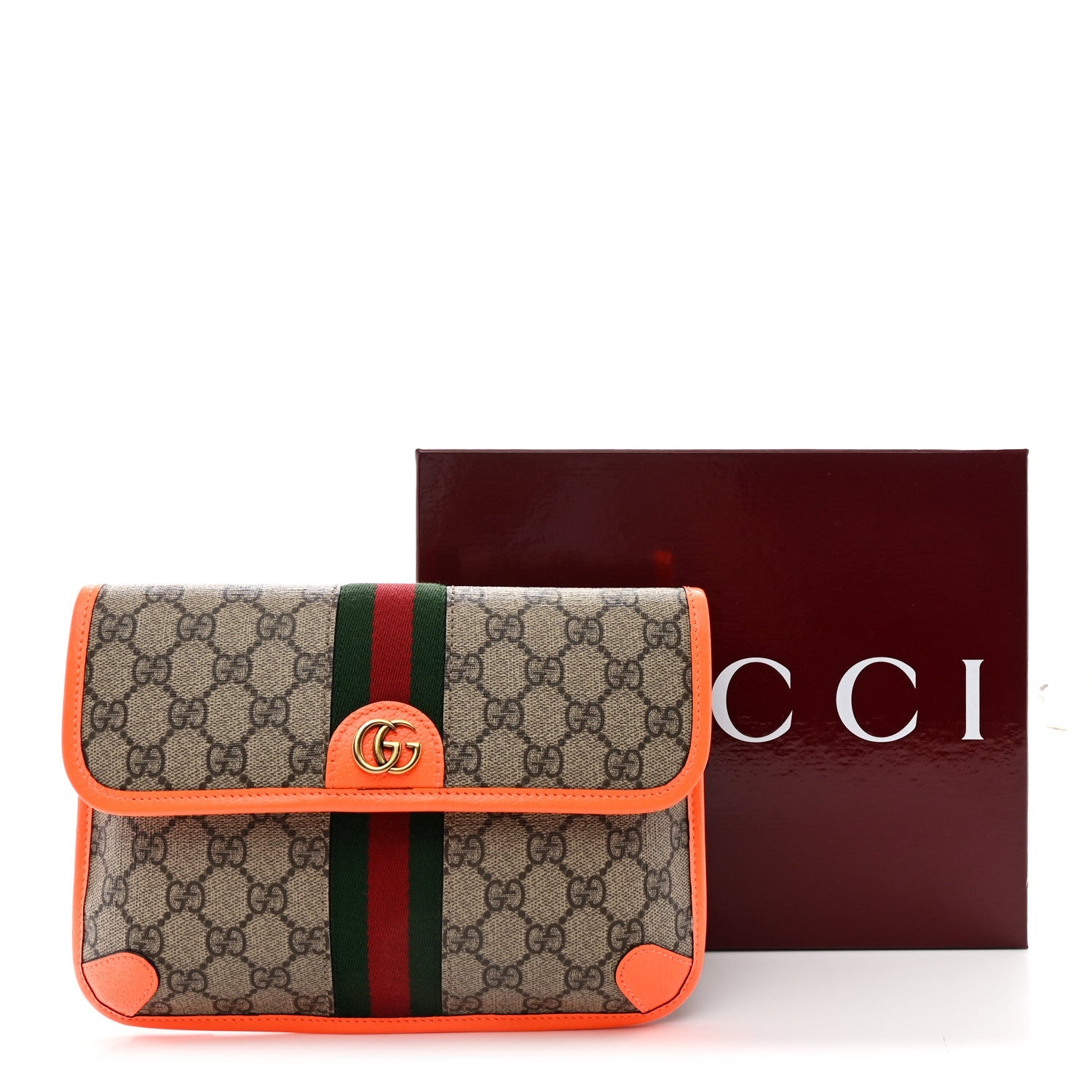 Gucci GG Supreme Monogram Web Small Ophidia Belt Bag Beige Ebony Orange Fluo
