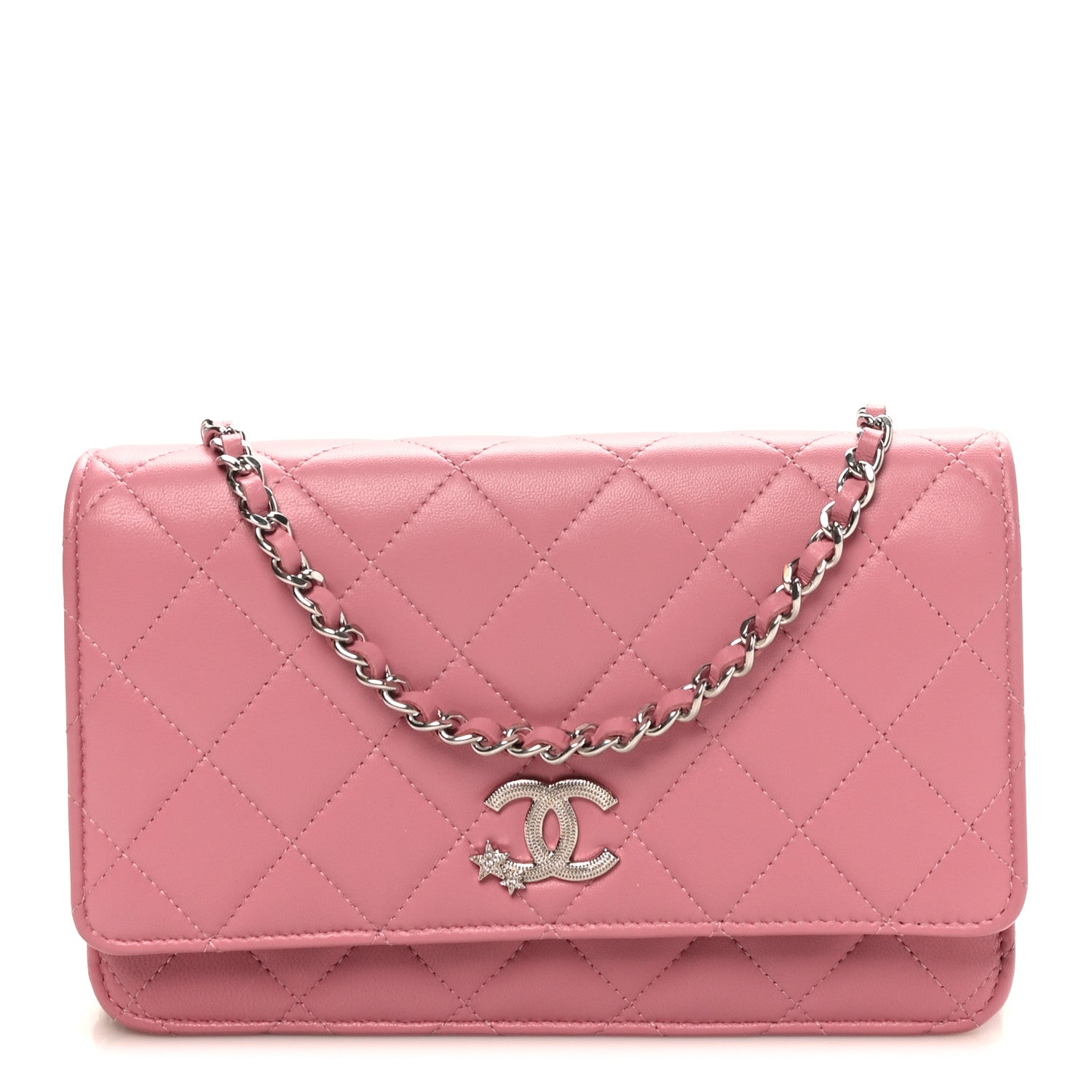 Chanel Lambskin Quilted Crystal Star Wallet On Chain WOC Pink