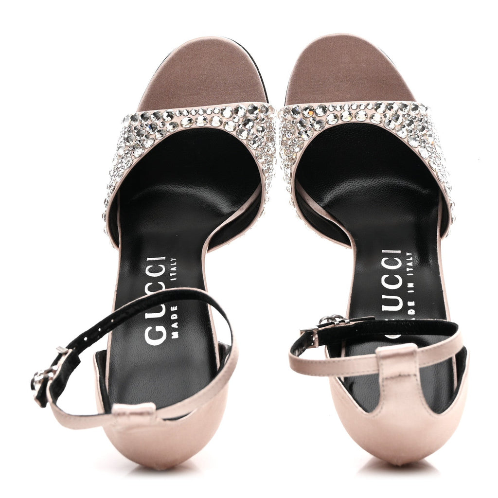Gucci Satin Crystal Ankle Strap Sandal Pumps 39.5 Skin Rose