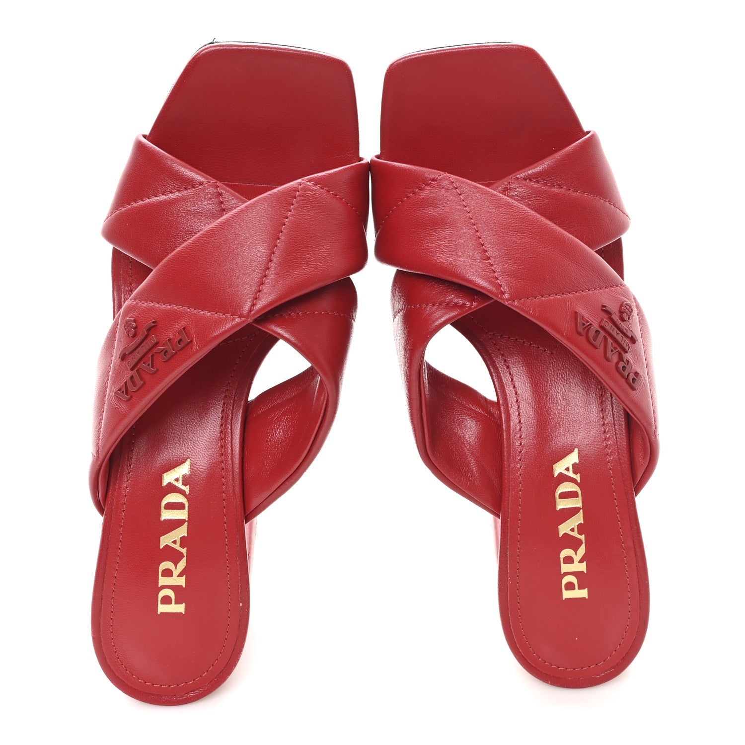 Prada Nappa Logo Quilted Crisscross 65mm Block Heel Slide Sandals 36.5 Red