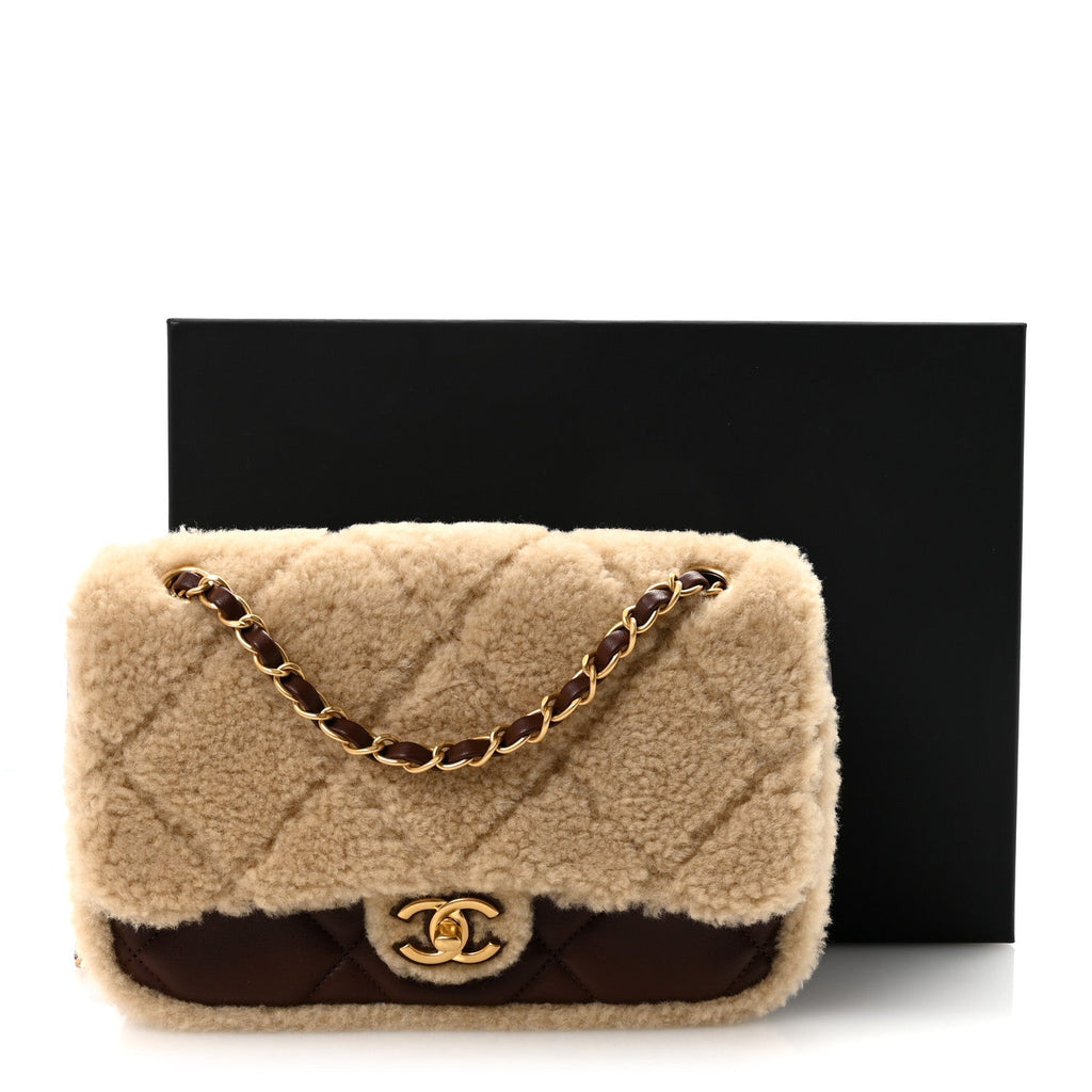 Chanel Shearling Lambskin Quilted Furry Coco Flap Beige Dark Brown
