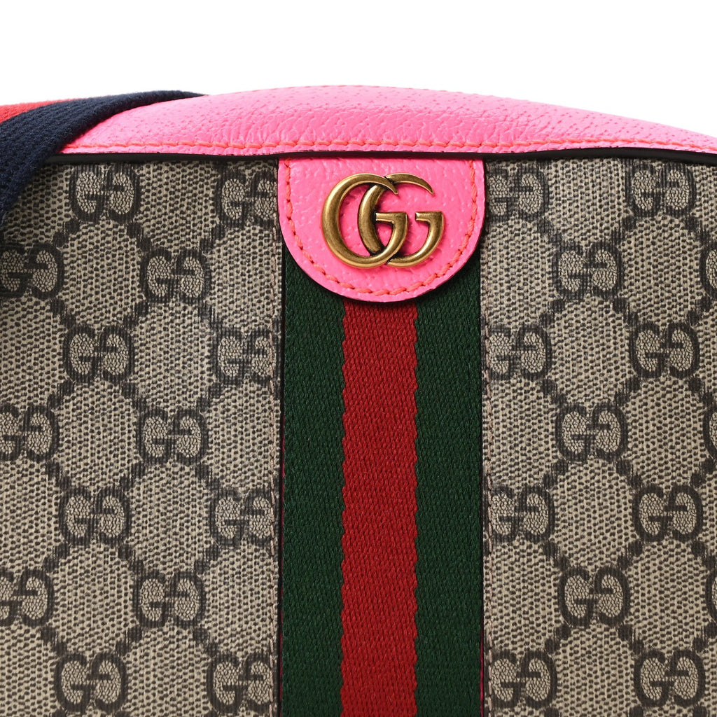 Gucci GG Supreme Monogram Textured Dollar Calfskin Web Ophidia Small Crossbody Bag Beige Ebony Fuchsia