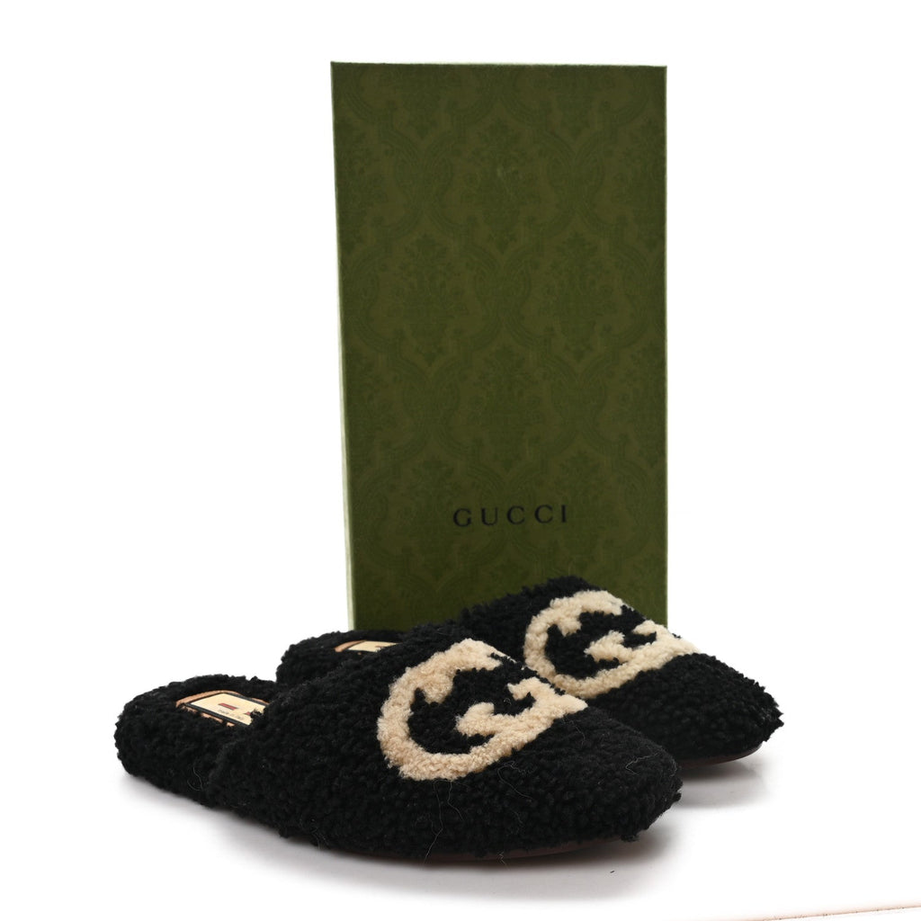 Gucci Faux Shearling Interlocking G Womens Eileen Slippers 36.5 Butterscotch Black