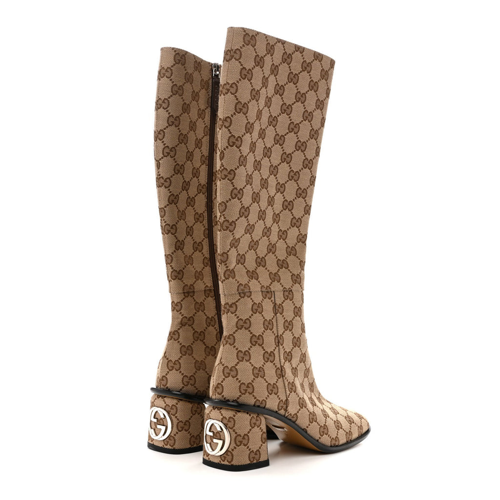 Gucci GG Supreme Knee High Boots 35 Beige Ebony New Acero