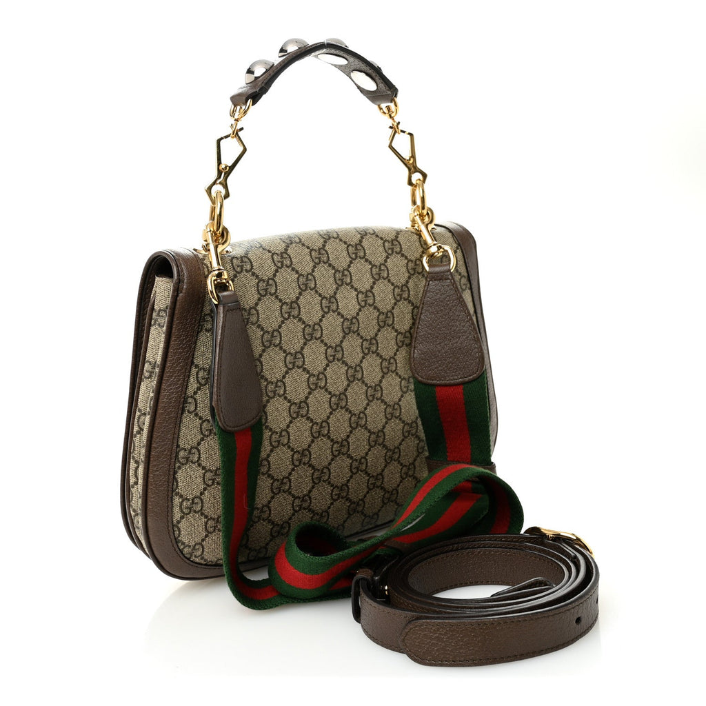 Gucci GG Supreme Monogram Textured Dollar Calfskin Web Medium Blondie Top Handle Shoulder Flap Bag Beige Ebony New Acero