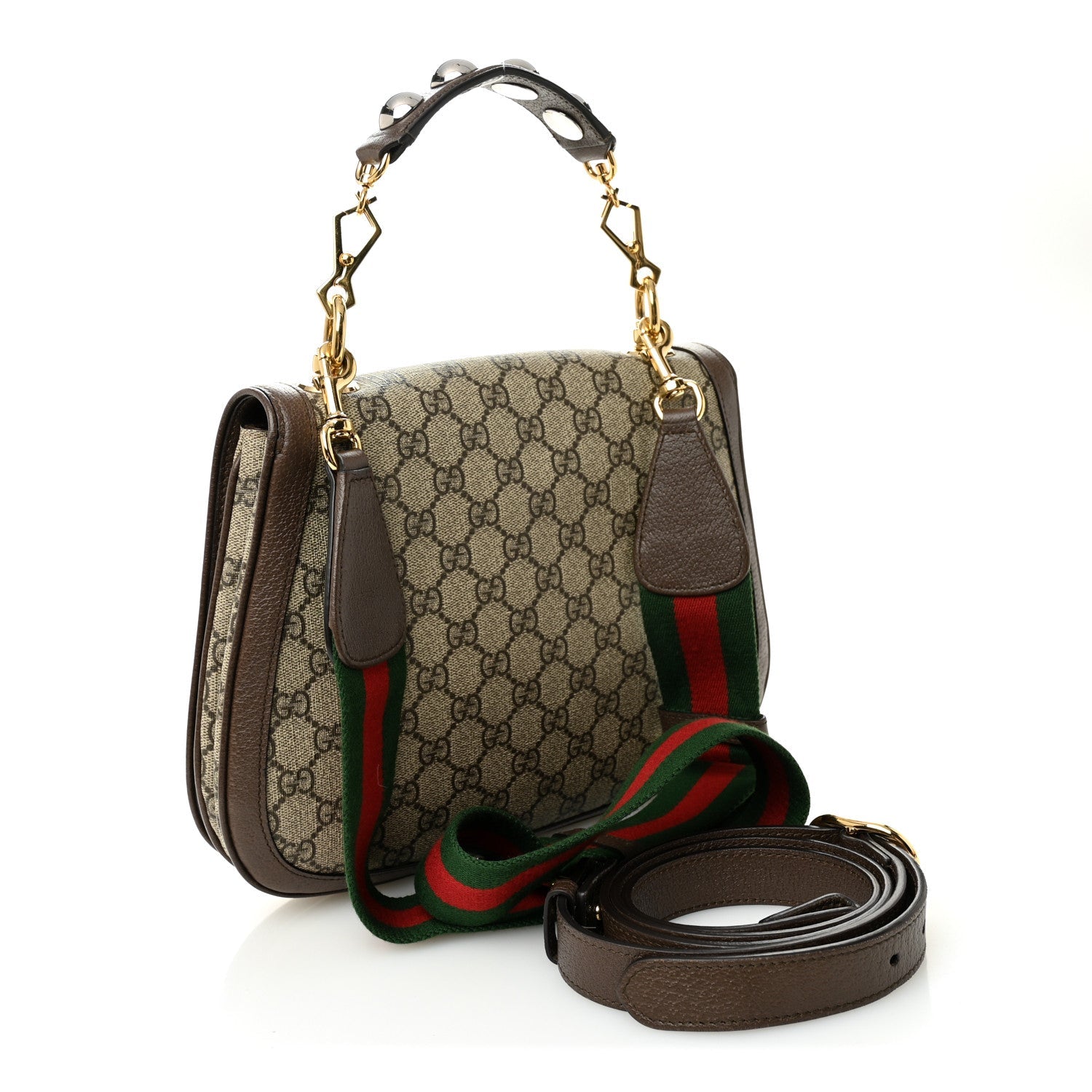 Gucci GG Supreme Monogram Textured Dollar Calfskin Web Medium Blondie Top Handle Shoulder Flap Bag Beige Ebony New Acero