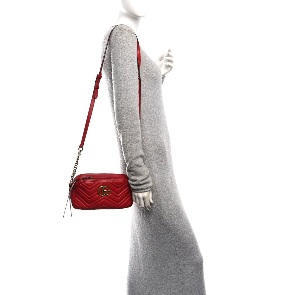 Gucci Calfskin Matelasse Small GG Marmont Chain Shoulder Bag Hibiscus Red